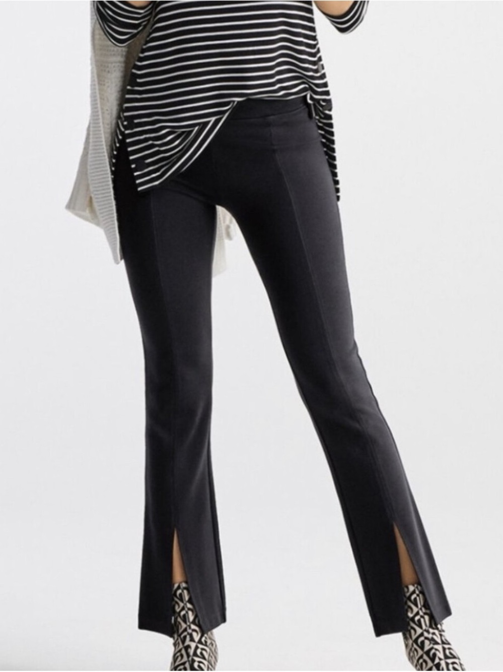 CAbi Black Tuxedo Flegging Ponte Pants with Front Slits